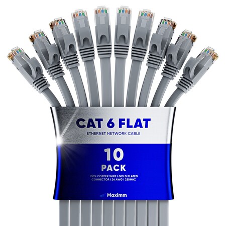 Maximm Cat6 Flat Ethernet Cable 100ft, 10PK, Gray, 10PK CAT6F-100GR10PK