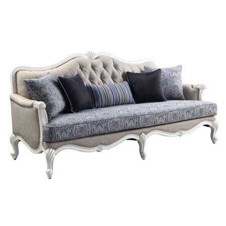 Homeroots 88" Cream Linen Damask Sofa And Toss Pillows With White Legs 491311