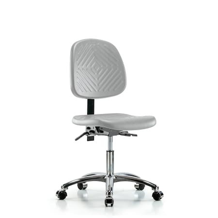 Blue Ridge Ergonomics Polyurethane Chair Chrome - Desk Height with Seat Tilt & Casters in Gray Polyurethane PDHCH-CR-T1-A0-CC-GRY