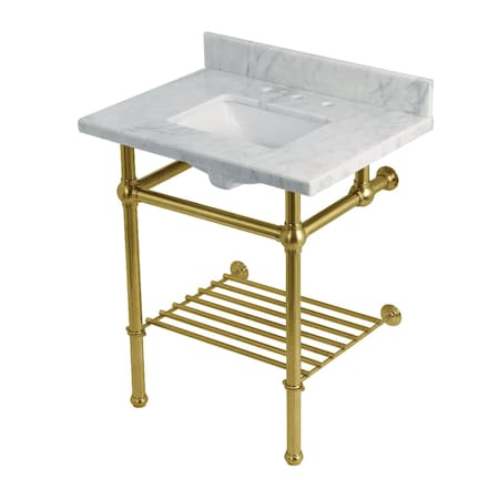 Kingston Brass 30-Inch Carrara Marble Console Sink with Brass Legs and Shelf, 8-Inch, 3-Hole KVPB30MBSQB7