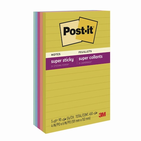 Post-It Note Pads in Summer Joy Color Collection Colors, 4in x 6in, Note Ruled, 90 Sheets/Pad, 5PK 660-5SSJOY