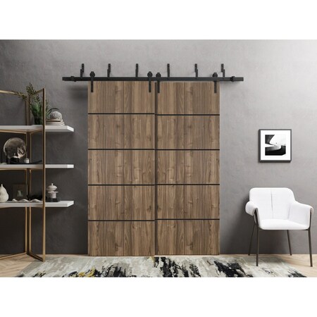 Sartodoors Slab Barn Door Panel, Planum 0015 Walnut and Aluminum Strips, Sturdy Finished Flush Modern Doors, P PLANUM0015S-WLN-3684