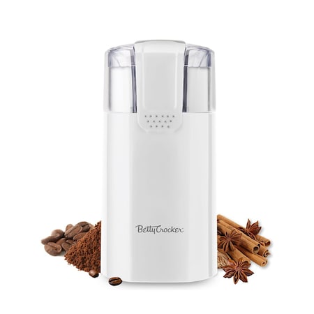 Betty Crocker Betty CrockerElectric Coffee Grinder, Grinds Up to 12 Cups, Stainless Steel Bowl & Blades, White BC-4821W