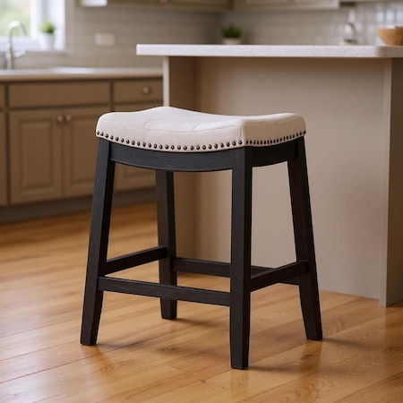 Homeroots 26" White and Black Fabric and Solid Wood Backless Counter Height Bar Chair 632494