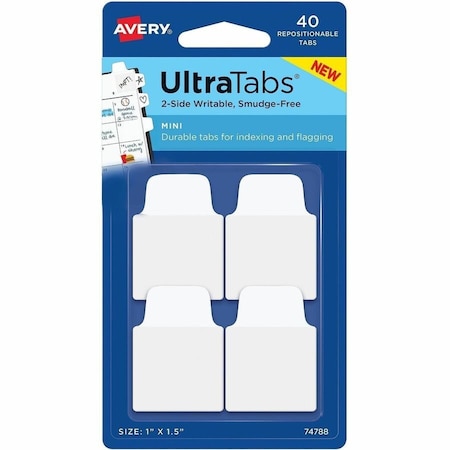 Avery Ultra Tabs Repositionable Mini Tabs, 40 Tab(s), 10 Tab(s)/Set, Clear Film, White Paper Tab(s), 72PK 74788
