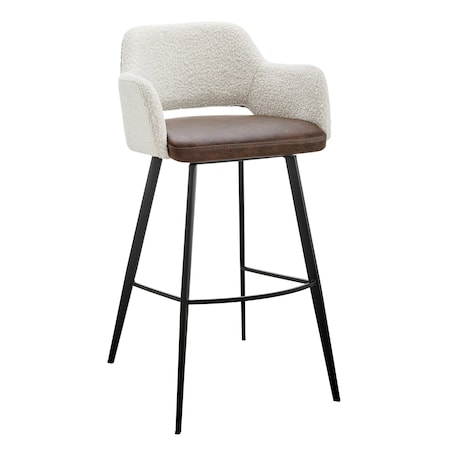 Homeroots 30" Ivory Brown And Black Boucle Faux Leather And Steel Bar Height Swivel Bar Chair 654240