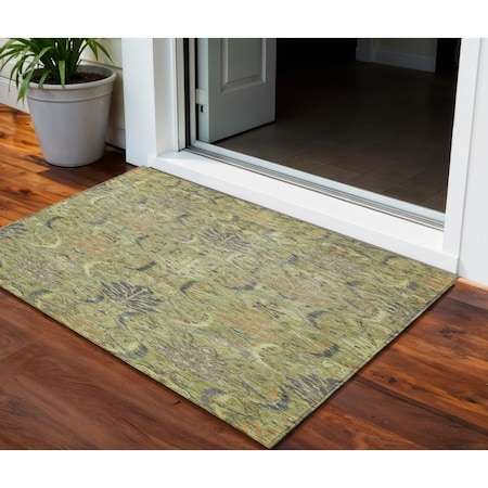 Homeroots 3' X 5' Artichoke Green Gray And Tan Damask Washable Indoor Outdoor Area Rug 603299