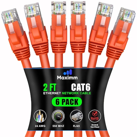 Maximm Cat6 Ethernet Cable 2ft 10Gbps 550MHz UTP, 6PK, Orange, 6PK CAT6CCA-2OR-6PK