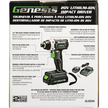 Genesis 20V 1/4'' Hex Cordless Impact Driver Kit with 2.0 Ah Battery & Charger GLID20B