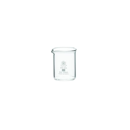 Zoro Select Beaker, Borosilicate Glass, Low Form, 20 mL / 0.6 fl oz Capacity, A Type I, 12 PK BG1000-20