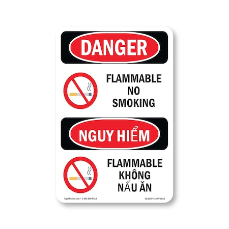 Signmission OSHA Danger Sign, Flammable No Smoking Bilingual, 10in X 7in Rigid Plastic, OS-DS-P-710-VV-1824 OS-DS-P-710-VV-1824