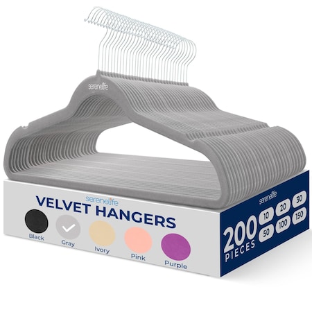 Serenelife Velvet Hangers, Non-Slip, 360 Deg Swivel Hook, Heavy Duty, Ultra-Thin, Gray, 200PK SLHVELGRY200
