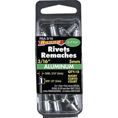 Arrow Fastener Blind Rivet, 3/16 in Dia., 1/8 in L, Aluminum Body RSA3/16