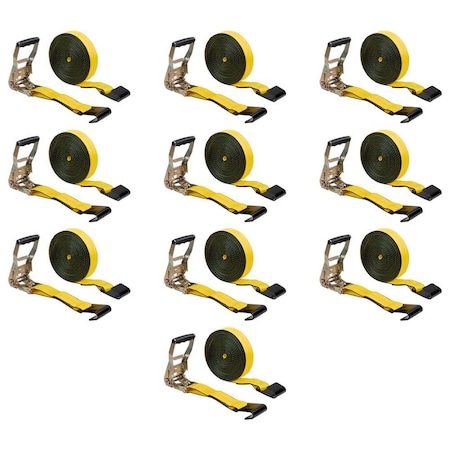 Mytee Products 2in x 50ft Ratchet Tie-Downs with Flat Hooks for Flatbed Yellow 10,000 lbs BS, 10PK RS250x10