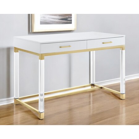 Homeroots 48" White Clear and Gold Wood Acrylic and Stainless Steel Writing Desk With Two Drawers 543751