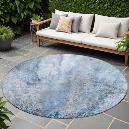Homeroots 8' Round Ivory Blue and Gray Round Abstract Washable Non Skid Indoor Outdoor Area Rug 559591