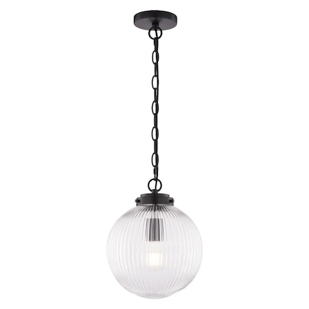 Vaxcel Linden 1-Light Matte Black Globe Pendant Light with Clear Ribbed Glass Shade Art Deco P0456