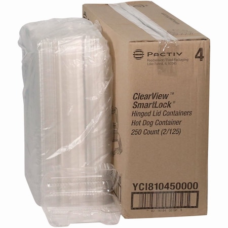 Pactiv Evergreen Hinged Lid Hot Dog Container, 6.5 x 2.8 x 2.3, Clear, Plastic, 250PK YCI810450000