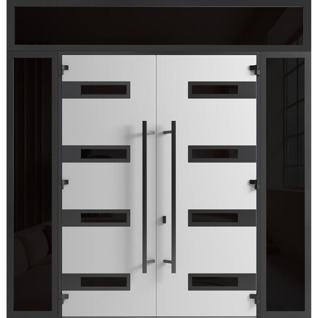 Vdomdoors Front Exterior Prehung Aluminum Double Doors Ronex0131 Grey 2 Sidelights and Top Transom Mirrored RONEX0131DEXD-GRE-W12+72+12xH96+14-LH-I