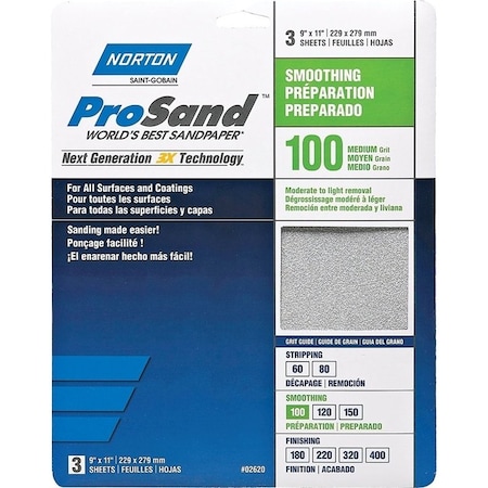 Norton Co ProSand 07660768162 Sanding Sheet, 11 in L, 9 in W, Medium, 100 Grit, Aluminum Oxide Abrasive 2620