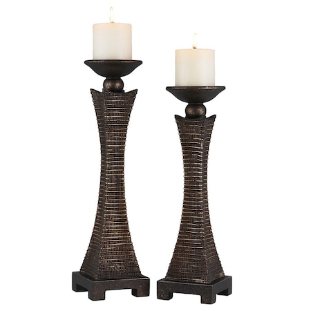 Homeroots Set of Two Bronze Polyresin Woven Tabletop Pillar Candle Holders With Candle, 2PK 468845