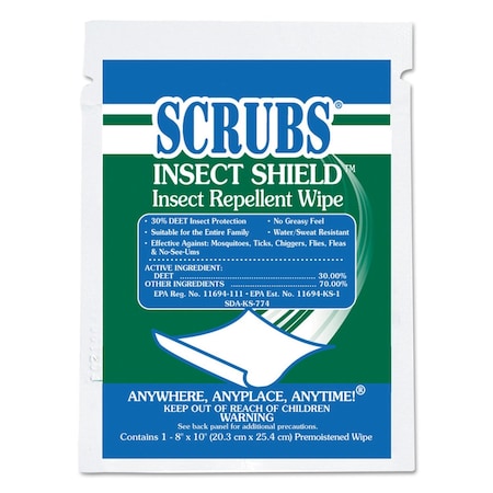 Scrubs Insect Shield Insect Repellent Wipes, 8 x 10, White, PK100 91401