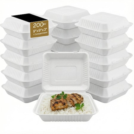 Eco Harmony Products Bagasse Hinged Food Storage Container, PFAS-Free, White, 9" x 9", 200PK 804610
