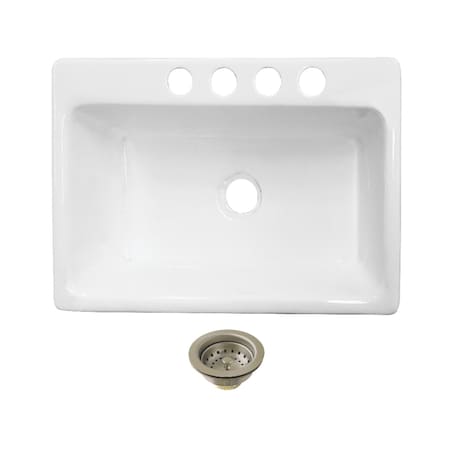 Kingston Brass 33" Cast Iron Single Bowl Undermount Kitchen Sink, 4-Hole with Strainer, White/Brushed Nickel KGCKUS332298