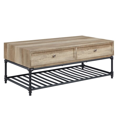 Homeroots 47" Oak and Brown Metal Coffee Table With Two Drawers And Shelf 490768