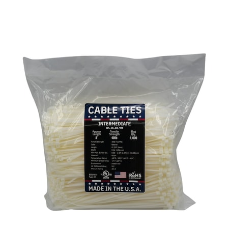 Cable Ties Unlimited Cable Tie, 8 in L, 40 lb Strength, 2.1 in Max Bundle Dia, Nylon 6/6, Natural 1000PK US-I8-40-9M