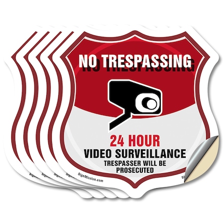 Signmission No Trespassing Shield Sign 24 Hour Video, 4 inch X 4 inch, Vinyl Decal, 5PK SHI-D-5PACK-4-420