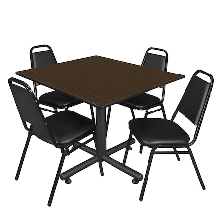 Regency Square Kobe Breakroom Table W/ 4 Restaurant Stack Chairs, 48 in W, 48 in L, Neo Walnut TKB4848NW29BK