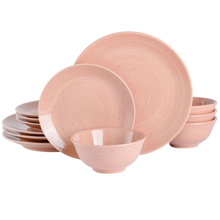 Gibson Elite Ramapo 12 Piece Stoneware Dinnerware Set in Soft Coral Speckle 97361.12R