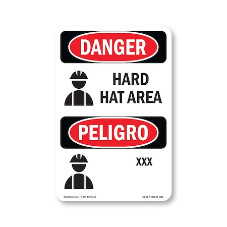 Signmission OSHA Danger Sign, Hard Hat Area Bilingual, 18in X 12in Rigid Plastic, OS-DS-P-1218-VT-1292 OS-DS-P-1218-VT-1292