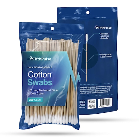 Fifthpulse 100% Natural Eco-friendly 6in Cotton Swabs Sticks Made w/ Birch Wood Cotton Tip Applicator, 250PK FMN100682