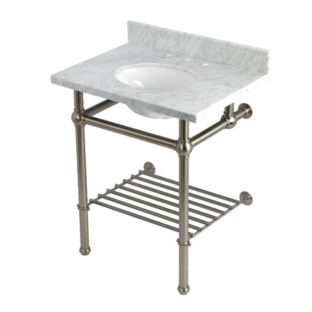 Kingston Brass 30-Inch Carrara Marble Console Sink with Brass Legs and Shelf, 8-Inch, 3-Hole KVPB30MBB8