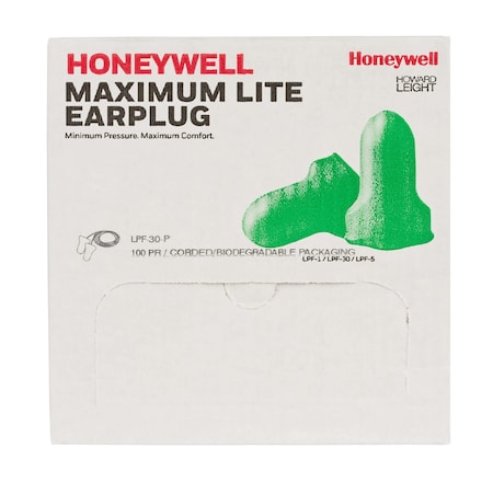 Howard Leight MAXIMUM LITE Disposable Foam Ear Plugs, Contoured-T Shape, 30 dB, Green, 100 PK LPF-30-P