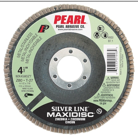 Pearl Silver Line Zirconia Maxidisc Flap Disc 4-1/2 X 7/8 Z80 T-27 MX4580ZT