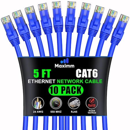Maximm Cat6 Ethernet Cable 5ft 10Gbps 550MHz UTP, 10PK, Blue, 10PK CAT6CCA-5BL-10PK