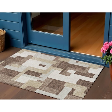 3' X 5' Brown Ivory And Taupe Geometric Washable Indoor Outdoor Area Rug