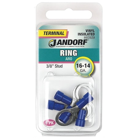 Jandorf Ring Terminal, 16 to 14 AWG Wire, 3/8 in Stud, Vinyl Insulation, Copper Contact, Blue 60909