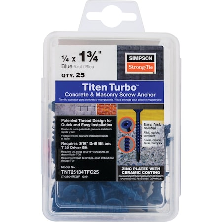 Simpson Strong-Tie Titen Turbo 1/4''x1-3/4'' T25 Flat-Head Concrete & Masonry Screw Blue, 25 Ct. TNT25134TFC25