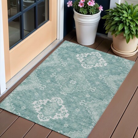 Homeroots 3' X 5' Aqua Teal Blue And Ivory Medallion Washable Indoor Outdoor Area Rug 589026