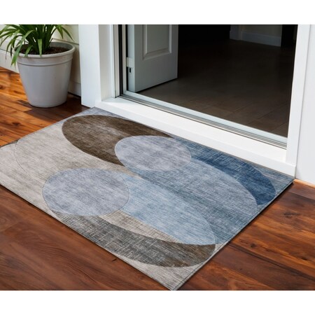 Homeroots 3' X 5' Denim Blue Brown And Beige Geometric Washable Indoor Outdoor Area Rug 604905