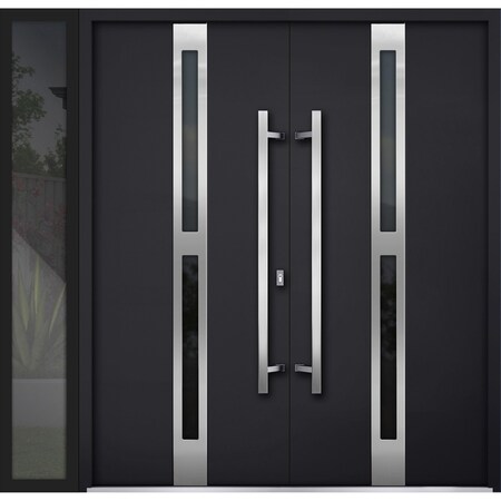 Vdomdoors Steel Double Doors Deux 1755 Black Enamel Sidelight Exterior Window Stainless Inserts Single Modern DEUX1755DEXD-BLK-RH-W72+12 x H80