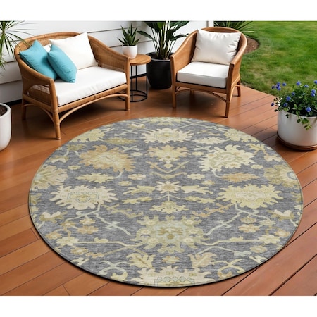 Homeroots 8' Gray Ivory And Green Round Floral Washable Indoor Outdoor Area Rug 605207