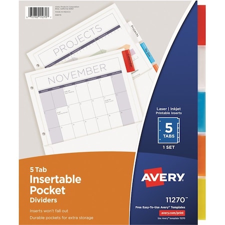Avery Dennison Avery WorkSaver Five Tab Pocket Index, 5 Tabs, White/Multicolor 11270