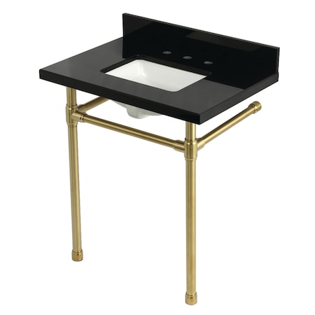 Kingston Brass 30-Inch Black Granite Console Sink with Stainless Steel Legs, 8-Inch, 3-Hole KVPK30K8SQ7ST