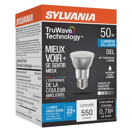 Ledvance/ Sylvania TruWave PAR20, 6.5W, Dimmable, 90CRI, 550 Lumen, 5000K, 25000 life LED6.5PAR20DIM950TLFL40GL