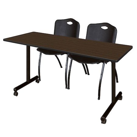 Regency Kobe Mobile T-Base Training Table W/ 2 M Stack Chairs, 60 in W, 24 in L, Neo Walnut MKTRCC6024NW47BK